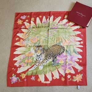 Salvatore Ferragamo Leopard Print Silk Scarf with Floral/Tropical Background